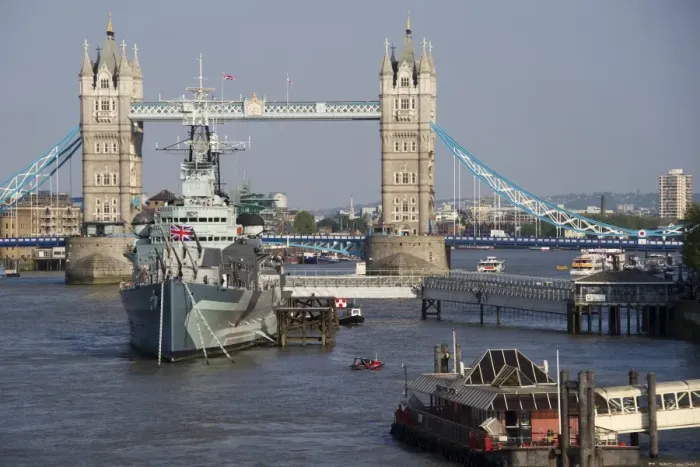 Framed Print : View of HMS Belfast museum ship moored on river in city, Tower Bridge, River Thames, London, England, april Framed Print : View of HMS Belfast museum ship moored on river in city, Tower Bridge, River Thames, London, England, april