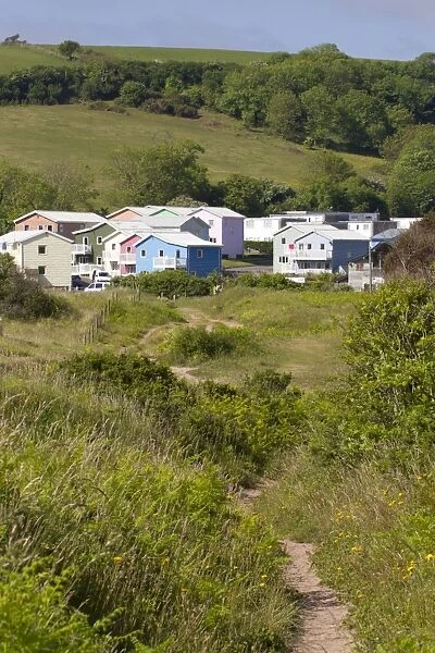 View of holiday village beside coastal sand dune nature reserve, Freshwater East, Pembrokeshire, Wales, June