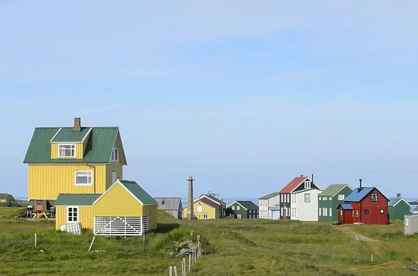 View of houses in coastal settlement, Flatey Island, Iceland, July