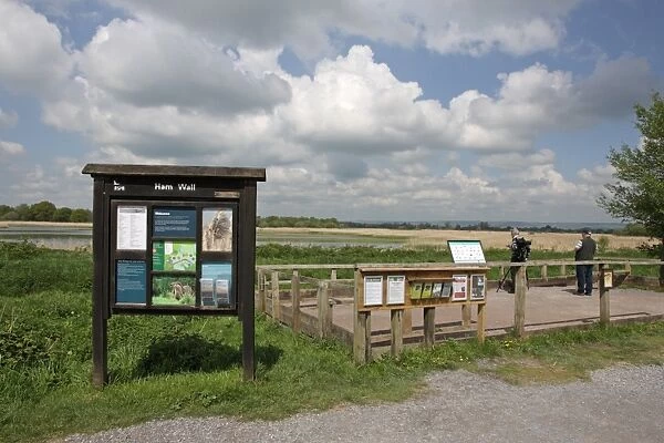 View of information board, viewing platform and wetland habitat in nature reserve