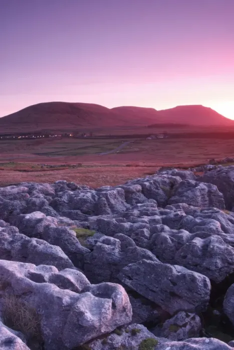 Framed Print : View of Ingleborough at sunset, from limestone pavement at Ribblehead, Ribblesdale, Yorkshire Dales N. P Framed Print : View of Ingleborough at sunset, from limestone pavement at Ribblehead, Ribblesdale, Yorkshire Dales N. P