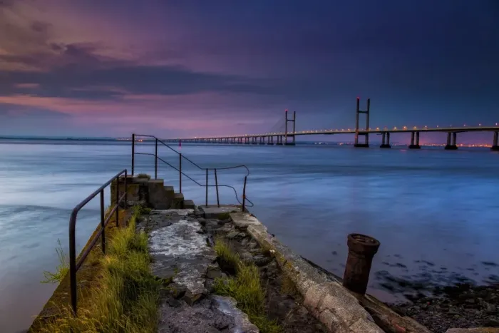 Framed Print : View of jetty and road bridge at sunrise, Sudbrook Jetty, Second Severn Crossing, River Severn, Severn Estuary Framed Print : View of jetty and road bridge at sunrise, Sudbrook Jetty, Second Severn Crossing, River Severn, Severn Estuary