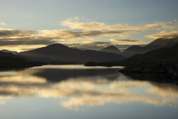 View of lake and mountains at sunset, Upper Lake, Lakes of Killarney, Dunkerron Mountains and Macgillycuddys Reeks