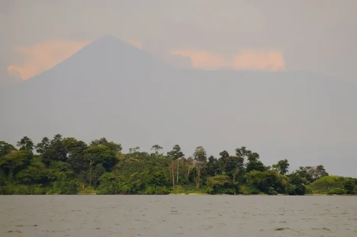 Framed Print : View of lake with volcano in distance, Lake Kivu, Albertine Rift, Democratic Republic of Congo, November Framed Print : View of lake with volcano in distance, Lake Kivu, Albertine Rift, Democratic Republic of Congo, November