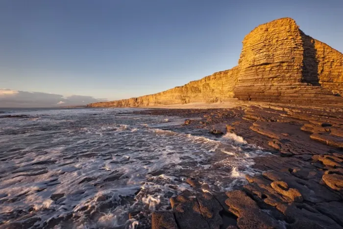 Framed Print : View of limestone cliffs in evening sunlight, Nash Point, Glamorgan Heritage Coast, Vale of Glamorgan, Wales, November Framed Print : View of limestone cliffs in evening sunlight, Nash Point, Glamorgan Heritage Coast, Vale of Glamorgan, Wales, November