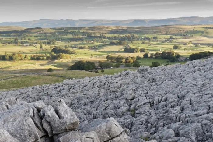 Framed Print : View of limestone pavement at sunrise, Fell End Clouds, looking towards Eden Valley, Cumbria, England, November Framed Print : View of limestone pavement at sunrise, Fell End Clouds, looking towards Eden Valley, Cumbria, England, November