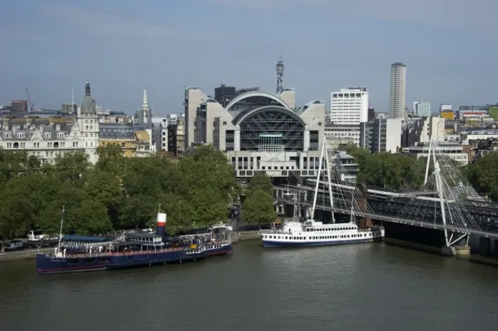 Framed Print : View from London Eye of city river with boats and Charing Cross railway station, Hungerford Bridge, River Thames Framed Print : View from London Eye of city river with boats and Charing Cross railway station, Hungerford Bridge, River Thames