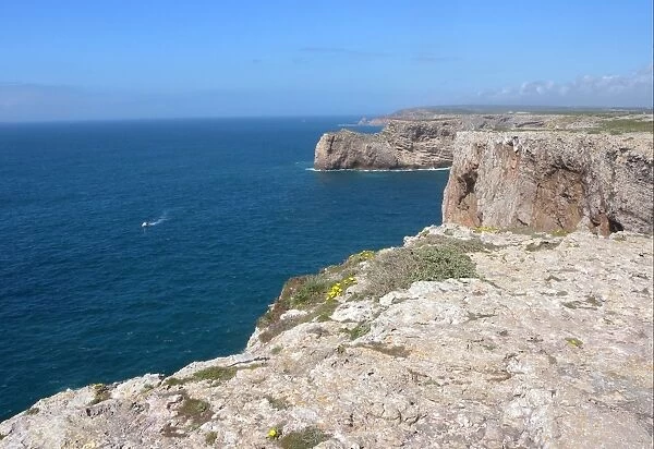 View looking north along sea cliffs, Cabo de Sao Vicente, Costa Vicentina, Algarve, Portugal, april
