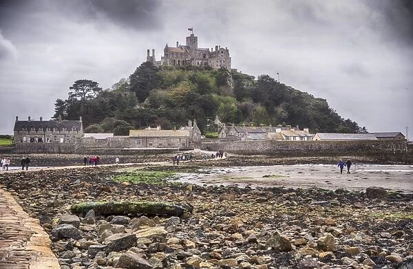 View of manmade causeway and tidal island at low tide, St. Michaels Mount, Mounts Bay, Marazion, Cornwall, England, May