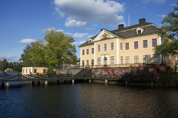 Framed Print : View of manor house beside water, Lovsta Manor, Lovstabruk, Uppsala County, Uppland, Sweden, october