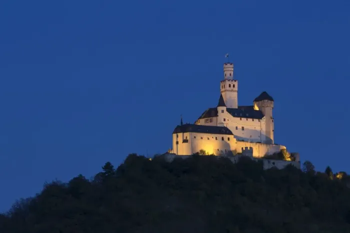 Framed Print : View of medieval castle illuminated at night, Marksburg Castle, near Braubach, Middle Rhine, Rhineland-Palatinate Framed Print : View of medieval castle illuminated at night, Marksburg Castle, near Braubach, Middle Rhine, Rhineland-Palatinate