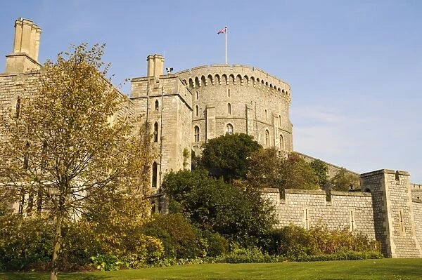 View of medieval keep on top of motte, Round Tower, Windsor Castle, Windsor, Berkshire, England, October