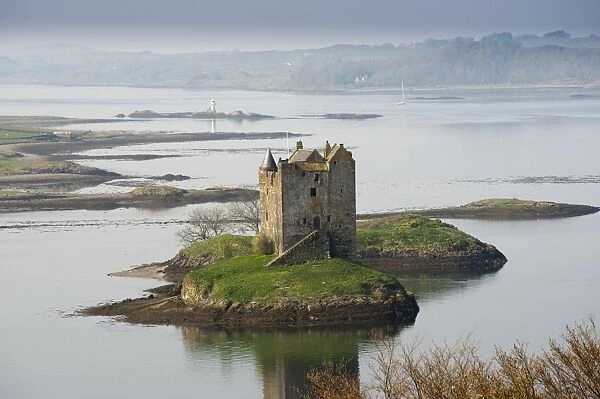 View of medieval towerhouse on tidal islet, Castle Stalker, Loch Linnhe, Portnacroish, Highlands, Argyll, Scotland