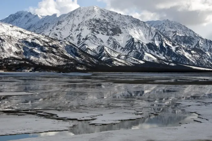 Framed Print : View of melting ice on lake and snow covered mountains, Kluane Lake, Kluane N. P. Yukon, Canada, april Framed Print : View of melting ice on lake and snow covered mountains, Kluane Lake, Kluane N. P. Yukon, Canada, april