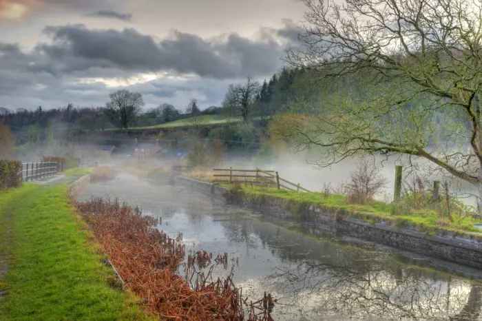 Framed Print : View of mist over canal aquaduct at dusk, Shopshire Union Canal, Wern, Powys, Wales, december Framed Print : View of mist over canal aquaduct at dusk, Shopshire Union Canal, Wern, Powys, Wales, december