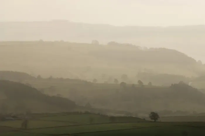 Framed Print : View of misty farmland at sunset, looking towards Bakewell, Peak District, Derbyshire, England, march Framed Print : View of misty farmland at sunset, looking towards Bakewell, Peak District, Derbyshire, England, march