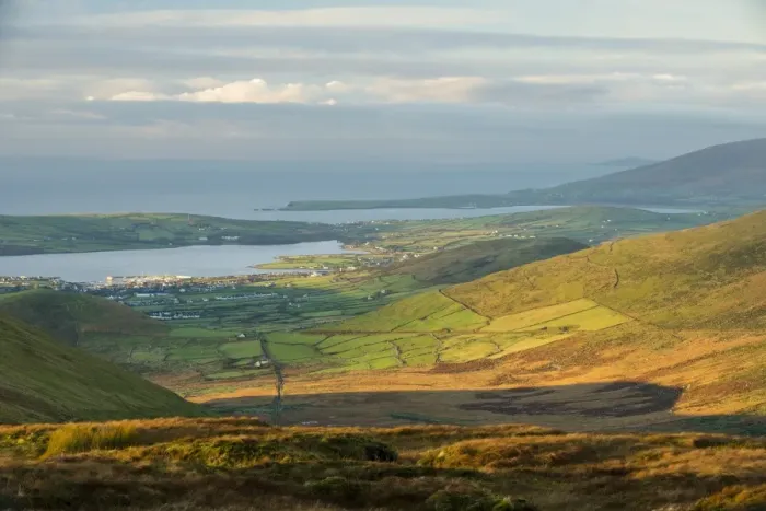 Framed Print : View over moorland towards coastal farmland and village, Dingle Peninsula, County Kerry, Munster, Ireland, November Framed Print : View over moorland towards coastal farmland and village, Dingle Peninsula, County Kerry, Munster, Ireland, November