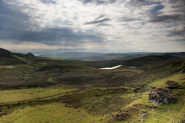 View across moorland towards coastline, with Applecross Peninsula in distance, looking from The Quiraing