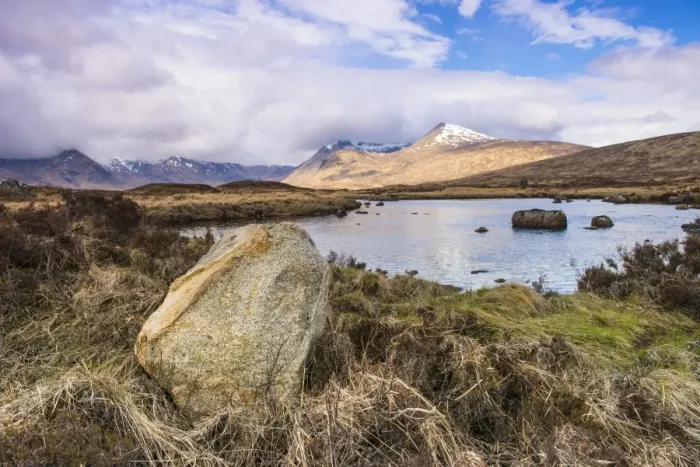Framed Print : View of moorland landscape with freshwater loch, Loch nah-Achlaise in foreground with Clach Leathad Framed Print : View of moorland landscape with freshwater loch, Loch nah-Achlaise in foreground with Clach Leathad