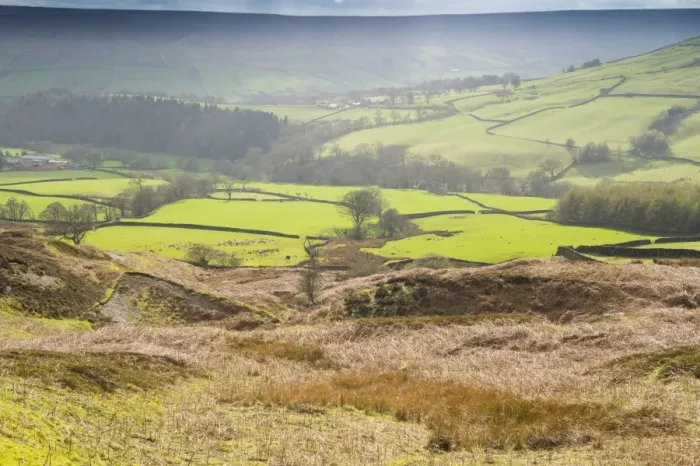 Framed Print : View across moorland towards valley with drystone walls and pasture, looking towards Farndale, Blakey Ridge Framed Print : View across moorland towards valley with drystone walls and pasture, looking towards Farndale, Blakey Ridge