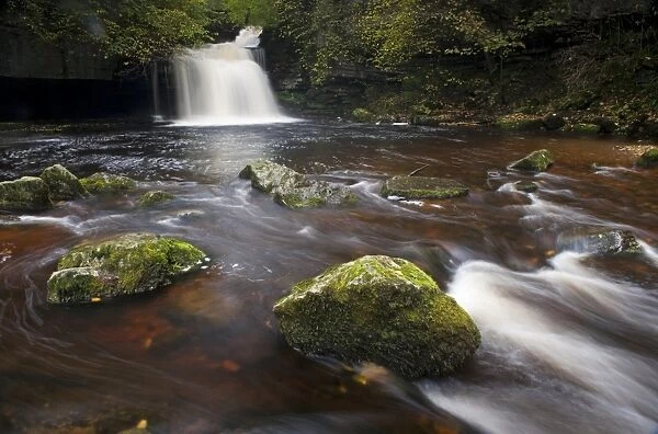View of moss covered rocks in river near waterfall, Cauldron Falls, Walden Beck, River Ure, West Burton, Wensleydale