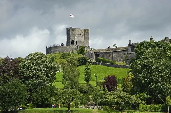 View of motte and bailey castle on limestone outcrop, Clitheroe Castle, Clitheroe, Lancashire, England, august