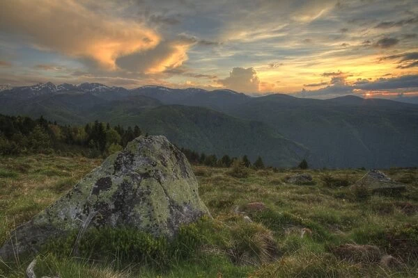View of mountain plateau at sunset, Plateau de Beille, Pyrenees, Ariege, France, may