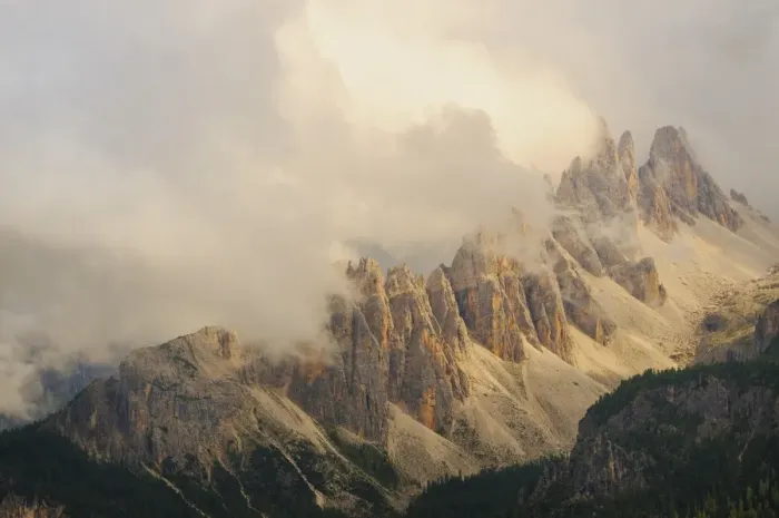 Framed Print : View of mountain range in low cloud, Croda da Lago, Dolomites, Italian Alps, Veneto, Italy, august Framed Print : View of mountain range in low cloud, Croda da Lago, Dolomites, Italian Alps, Veneto, Italy, august