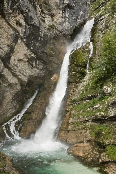 View of mountain river waterfall, Slap Savica Waterfall, Sava Bohinjka, Sava River, Triglav N. P