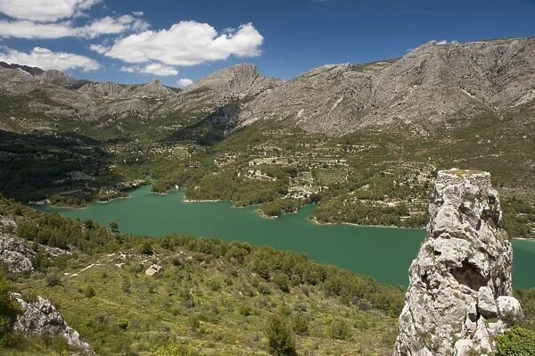 View of mountain valley with reservoir, Guadalest Lake, El Castell de Guadalest, Sierra de Aitana, Marina Baixa