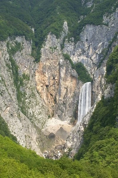 View of mountain waterfall, Boka Falls, Bovec, Soca Valley, Julian Alps, Slovenia