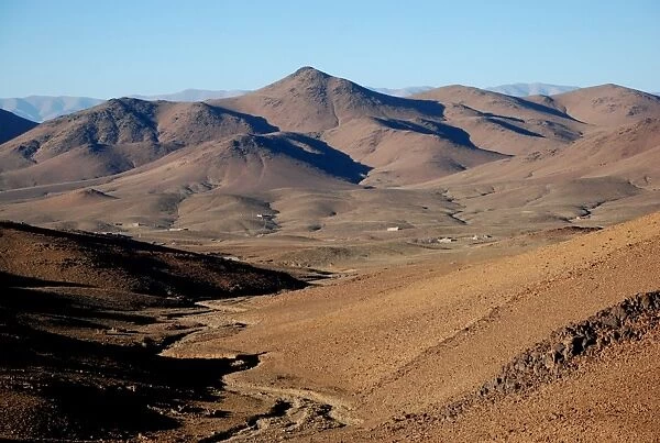 View of mountainous desert landscape, Djebel Sarhro, Anti-Atlas, Atlas Mountains, Morocco, February