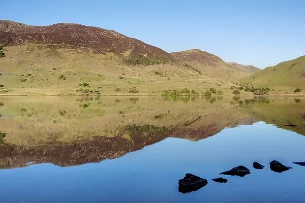 View of mountains reflected in lake, Crummock Water, Lake District N. P. Cumbria, England, June
