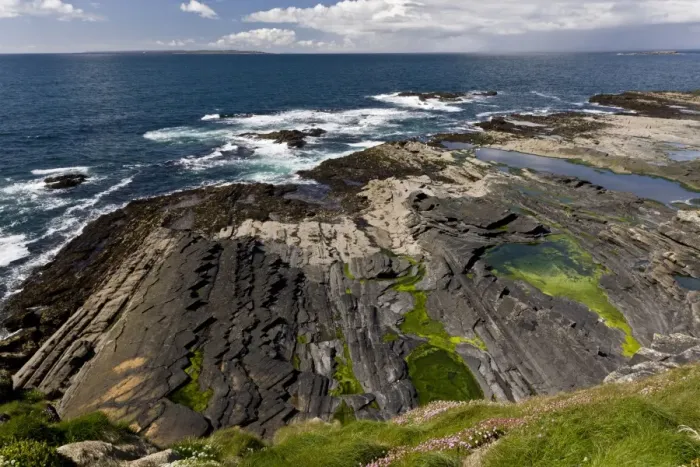 Framed Print : View north from Cliffs of Moher across sandstone and siltstone shore towards Doolin and Galway Bay, The Burren Framed Print : View north from Cliffs of Moher across sandstone and siltstone shore towards Doolin and Galway Bay, The Burren