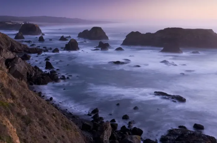 Framed Print : View of offshore rocks and coastline at sunset, Westport, North California, U. S. A. February