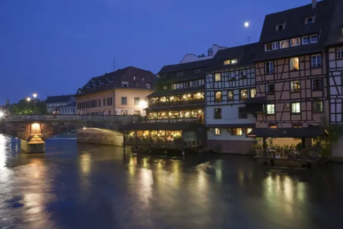 Framed Print : View of old town with timber-framed buildings, bridge and canal at night, Strasbourg, Alsace, France, july Framed Print : View of old town with timber-framed buildings, bridge and canal at night, Strasbourg, Alsace, France, july