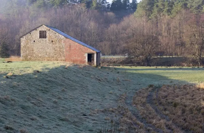Framed Print : View of out-barn and pasture, Whitewell, Clitheroe, Forest of Bowland, Lancashire, England, January Framed Print : View of out-barn and pasture, Whitewell, Clitheroe, Forest of Bowland, Lancashire, England, January