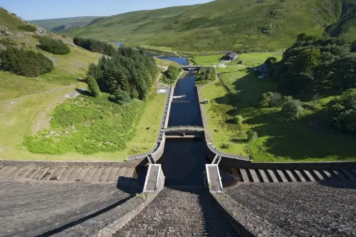 Framed Print : View of overflow from dam, Claerwen Reservoir, Elan Valley, Powys, Wales, July