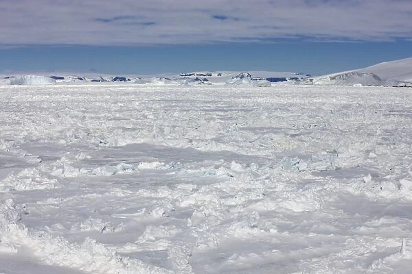 View of pack ice and coastline, Weddell Sea, Antarctica, December
