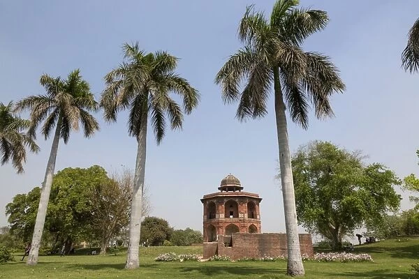 View of palm trees and red sandstone octagonal tower, Sher Mandal, Purana Qila, Delhi, India, March