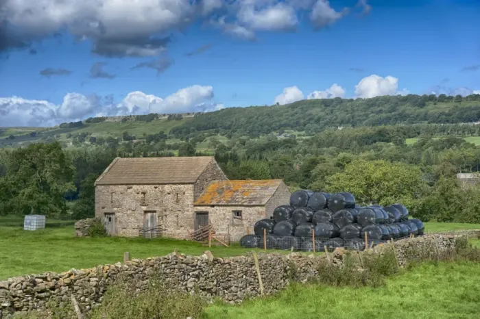 Framed Print : View of pasture, drystone wall, stone field barn and large black bales of silage, Leyburn, North Yorkshire, England Framed Print : View of pasture, drystone wall, stone field barn and large black bales of silage, Leyburn, North Yorkshire, England