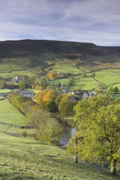 Framed Print : View of pasture, trees, river and village, River Wharfe, Burnsall, Wharfedale, Yorkshire Dales N. P Framed Print : View of pasture, trees, river and village, River Wharfe, Burnsall, Wharfedale, Yorkshire Dales N. P