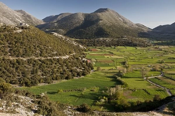 View of polje, inward-draining basin habitat, Askyfou Plateau, White Mountains, Crete, Greece, April