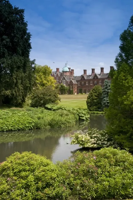 Framed Print : View of pond, landscaped garden and country house, Sandringham House, Sandringham Estate, Norfolk, England, June
