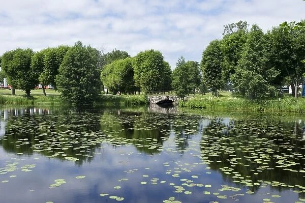View of pond with waterlily leaves and stone bridge, Forsmarks Bruk, Uppland, Sweden, july