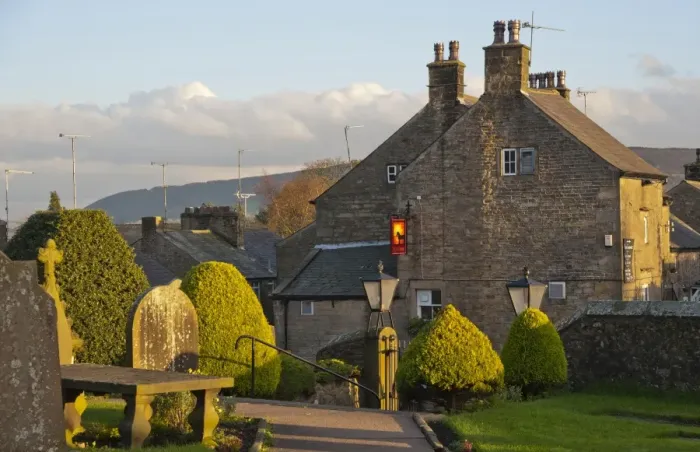 Framed Print : View of pub and village from churchyard in evening sunlight, Chipping, Forest of Bowland, Lancashire, England, november Framed Print : View of pub and village from churchyard in evening sunlight, Chipping, Forest of Bowland, Lancashire, England, november