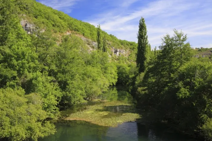 Framed Print : View of quiet river section and gorge, l Ouysse River, near Rocamadour, Lot, France, may Framed Print : View of quiet river section and gorge, l Ouysse River, near Rocamadour, Lot, France, may