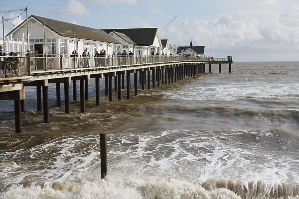 View of restored pier with rough sea, Southwold Pier, Southwold, Suffolk, England, october