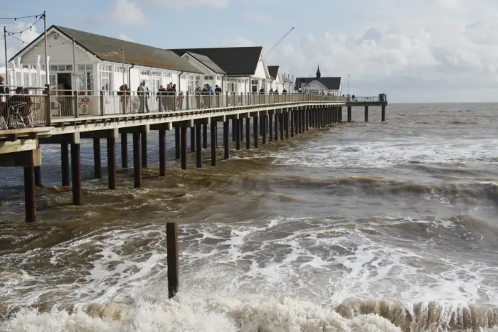 Framed Print : View of restored pier with rough sea, Southwold Pier, Southwold, Suffolk, England, october Framed Print : View of restored pier with rough sea, Southwold Pier, Southwold, Suffolk, England, october