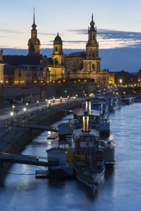 Framed Print : View of river with boats in city at night, Dresden Castle, Appellate Court and Dresden Cathedral, River Elbe, Dresden